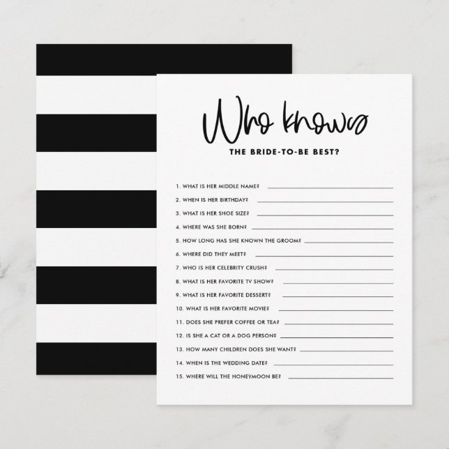 Black Calligraphy Who Knows Bridal Shower Game Invitation (Front/Back)