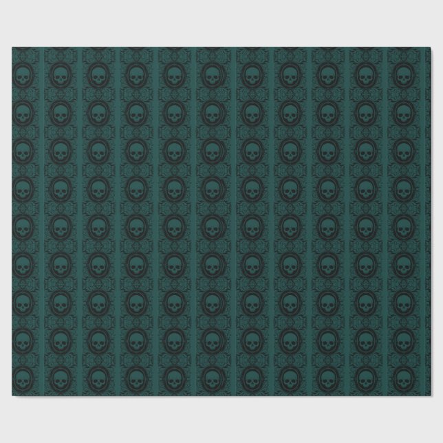 Black Cameo damask skull on Emerald Wrapping Paper (Seam)