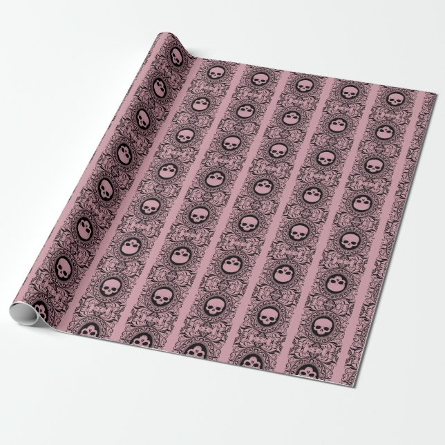 black Cameo Damask Skulls on pink Wrapping Paper (Unrolled)