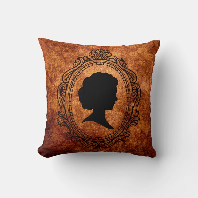 Black Cameo Orange Grunge Damask Square Pillow (Front)