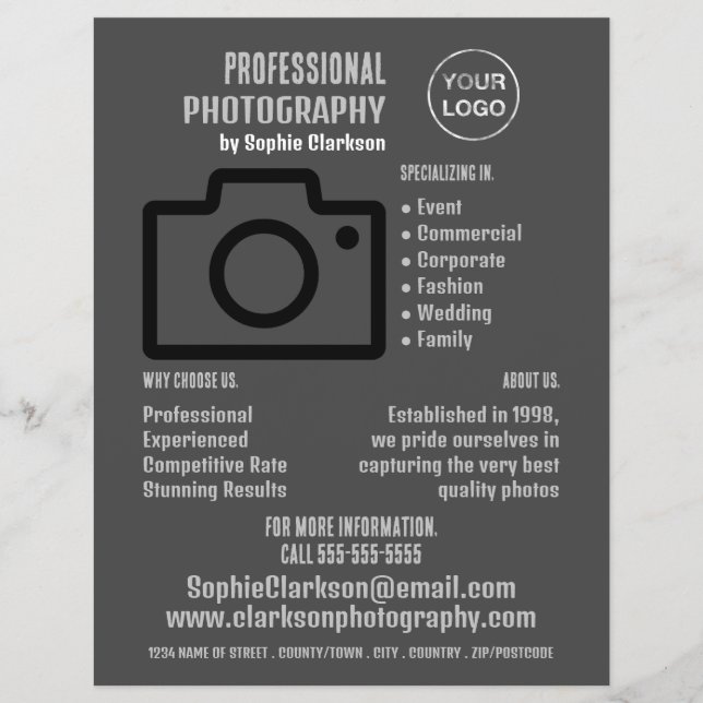 Black Camera Icon, Photographer, Photography Hire Flyer (Front)