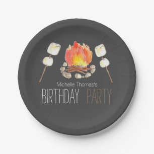 Black campfire smores birthday paper plate