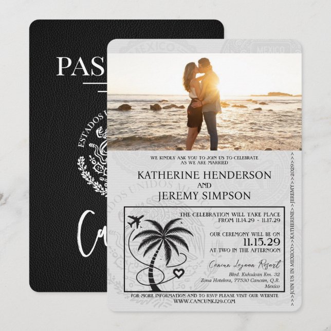 Black Cancun Passport Wedding Invitation (Front/Back)