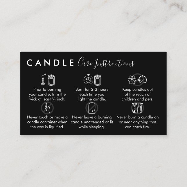 Black Candle Care Instructions Business Card (Back)