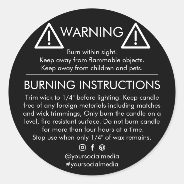 Black Candle Warning Safety Instructions Custom  Classic Round Sticker (Front)