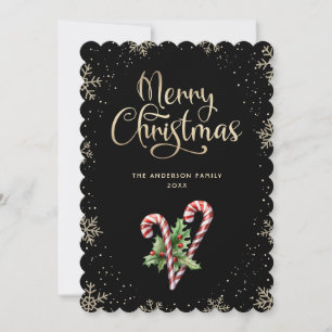 Black Candy Cane Holly Berries Christmas Holiday Card