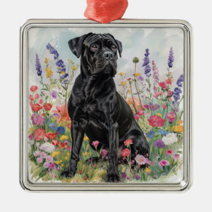 BLACK CANE CORSO DOG IN FLORAL FIELD METAL TREE DECORATION