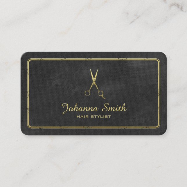 Black Canvas Golden Scissors Hair Stylist Business Appointment Card (Front)
