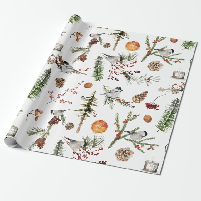  Black Cap Chickadee Birds Christmas Party Wrapping Paper (Unrolled)