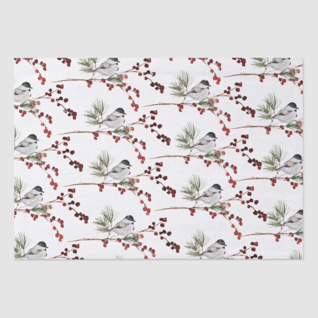 Black Cap Chickadees Pine Branches & Red Berries  Tissue Paper (Front)