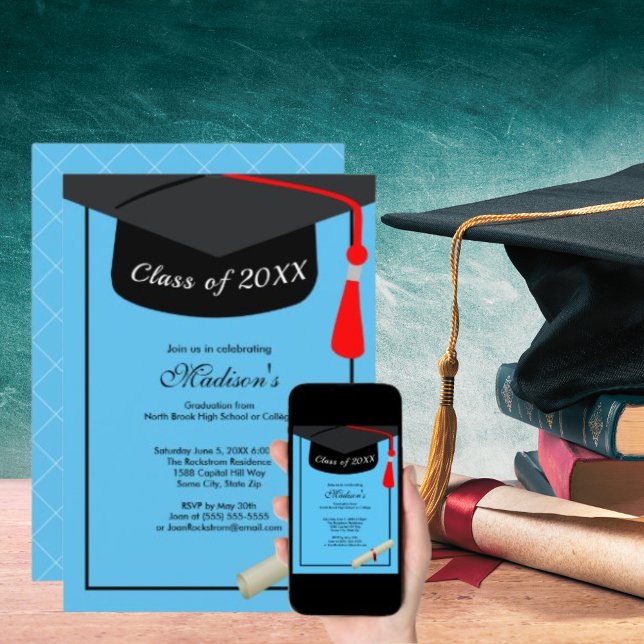 Black Cap Diploma Modern Sky Blue Graduation Party Invitation (Black Cap Diploma Modern Sky Blue Graduation Party Invitation)