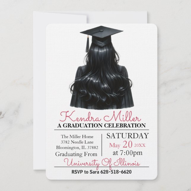 Black Cap & Gown Watercolor Graduation Invitation (Front)