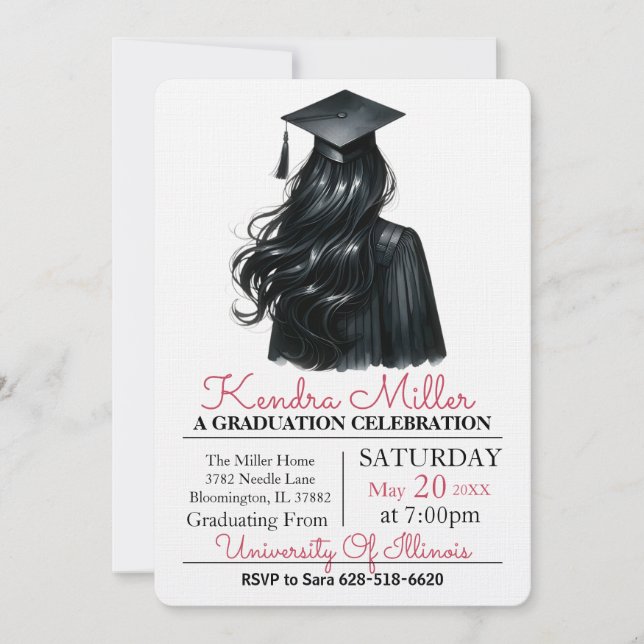 Black Cap & Gown Watercolor Graduation Invitation (Front)