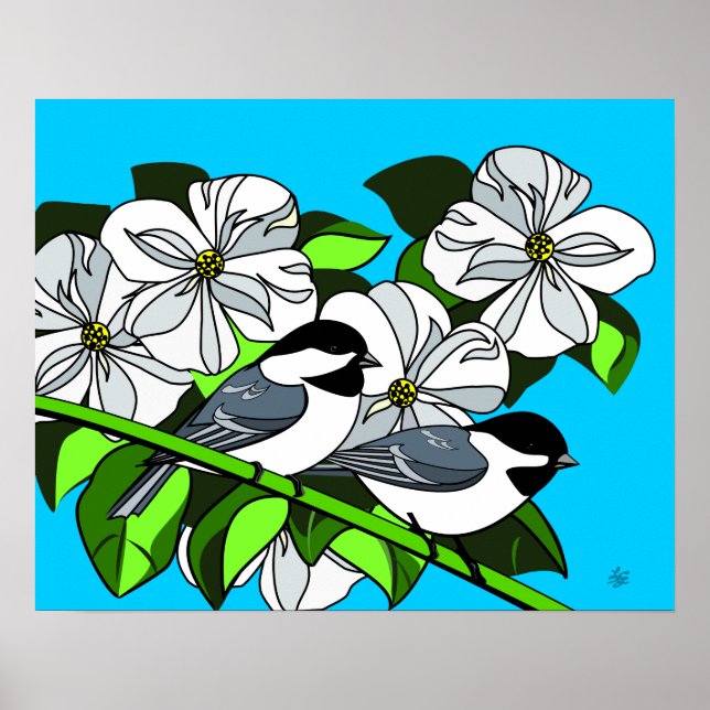 Black Capped Chickadee and Flower Art Poster (Front)