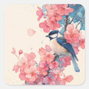 Black-Capped Chickadee and Harmony of Cherry Bloss Square Sticker