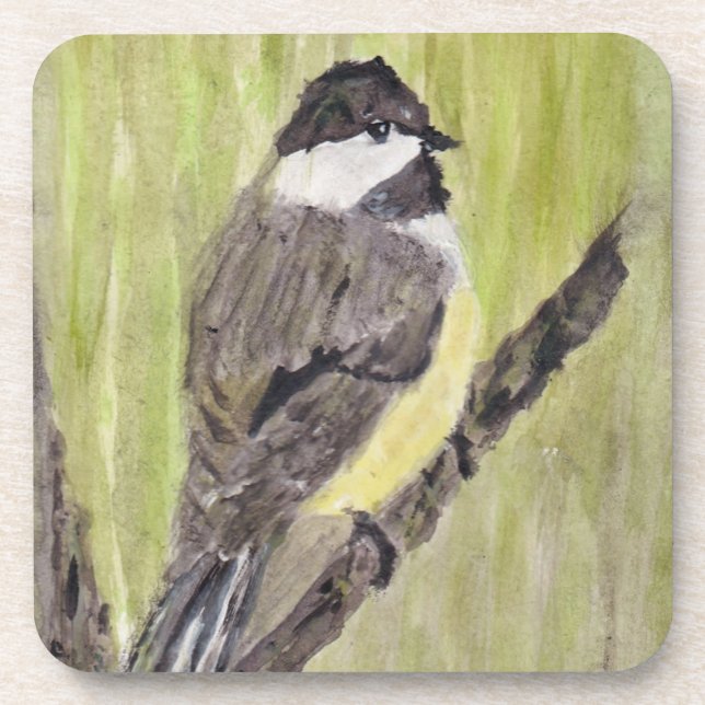 Black-capped Chickadee Bird - acrylic painting.  Coaster (Front)