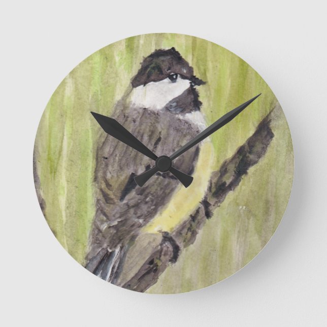 Black-capped Chickadee Bird - acrylic painting.    Round Clock (Front)