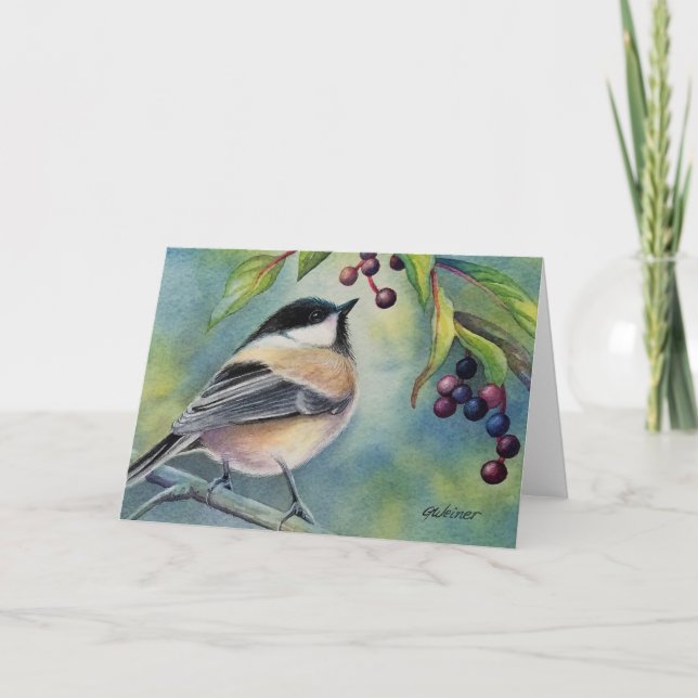 Black Capped Chickadee Bird Berries Watercolor Art Card (Front)