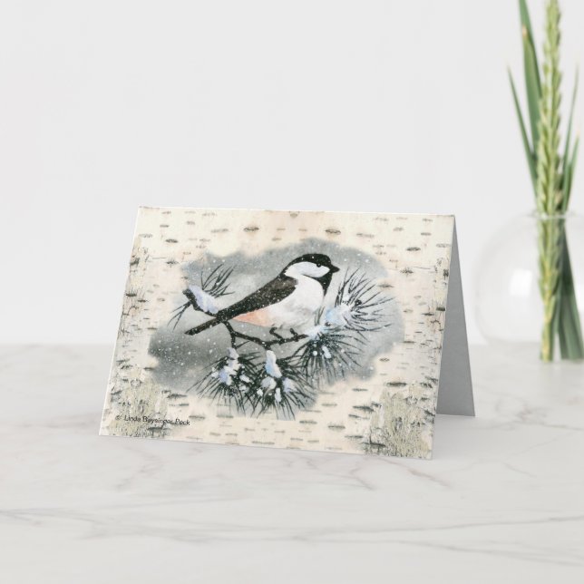 Black Capped Chickadee Bird Birch Bark Background Holiday Card (Front)