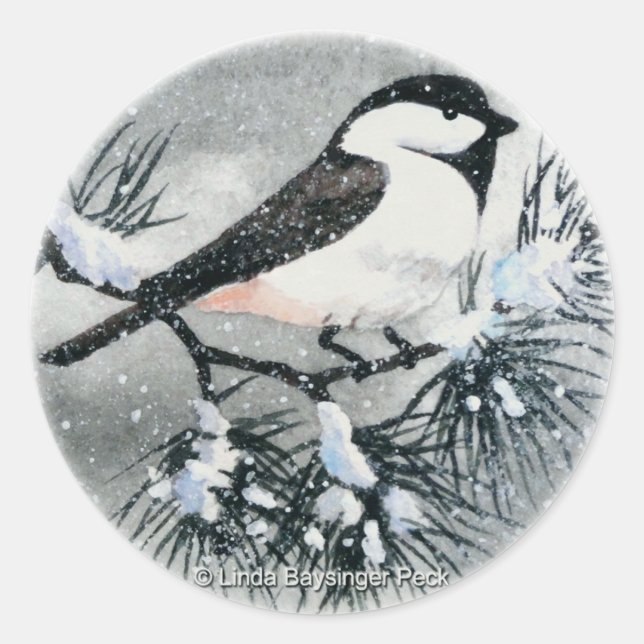Black Capped Chickadee Bird Winter Classic Round Sticker (Front)