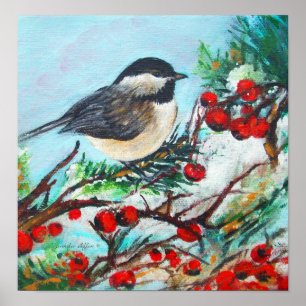 Black Capped Chickadee Bird With Berries Glossy Poster