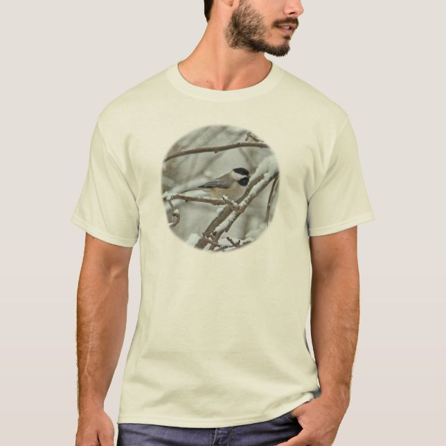 Black-Capped Chickadee in Snow Storm T-Shirt (Front)