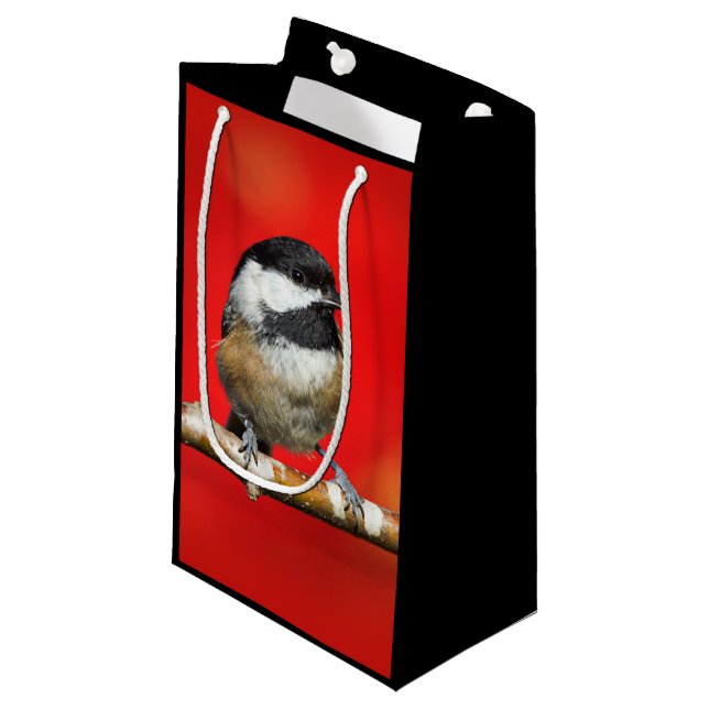 Black-Capped Chickadee on Autumn Red Background Small Gift Bag (Front Angled)