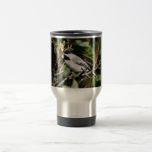 Black-capped chickadee travel mug (Center)