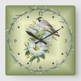 Black - Capped Chickadee ~ White Magnolia Flower ~ Square Wall Clock