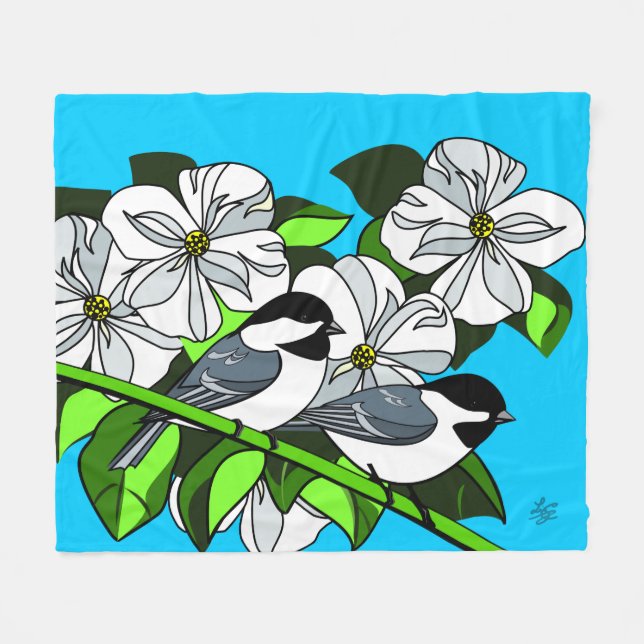 Black Capped Chickadees and Dogwood Fleece Blanket (Front (Horizontal))