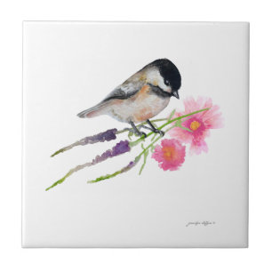 Black Capped Sweet Cute Chickadee Watercolor Art Tile