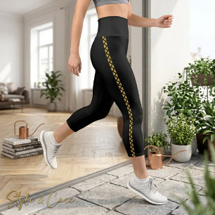 Black Capri Leggings with Bold Gold Side Stripe