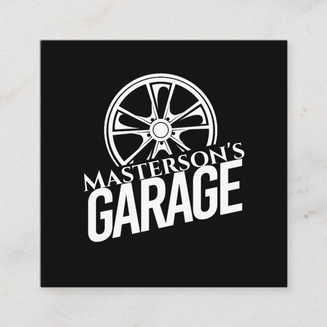 Black Car Garage Auto Repair White Tire Rim Square Business Card (Front)
