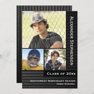 Black Carbon Fibre 3 Photo Boys Graduation Invitation