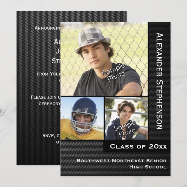 Black Carbon Fibre 3 Photo Boys Graduation Invitation (Front/Back)