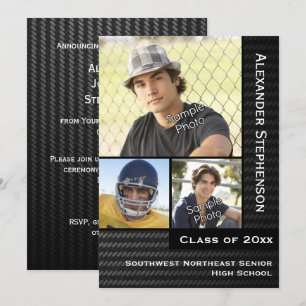 Black Carbon Fibre 3 Photo Boys Graduation Invitation
