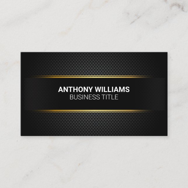 Black Carbon Fibre Pattern Golden Accent Lines Business Card (Front)