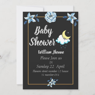 Black card blue flowers Boy baby shower invitation