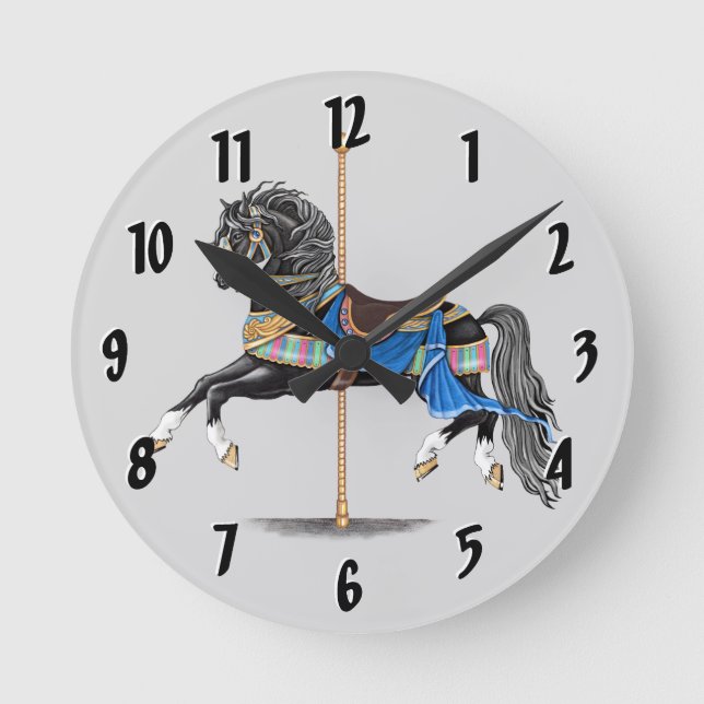 Black Carousel Horse Round Clock (Front)