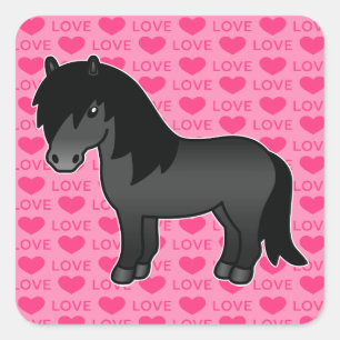 Black Cartoon Shetland Pony Love Hearts Square Sticker
