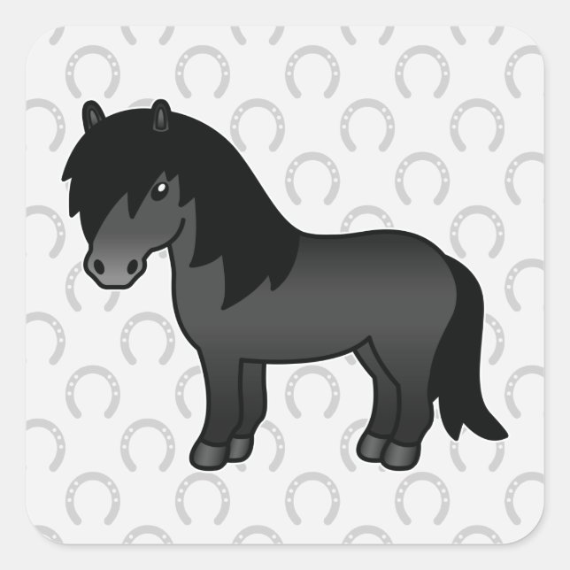 Black Cartoon Shetland Pony Square Sticker (Front)
