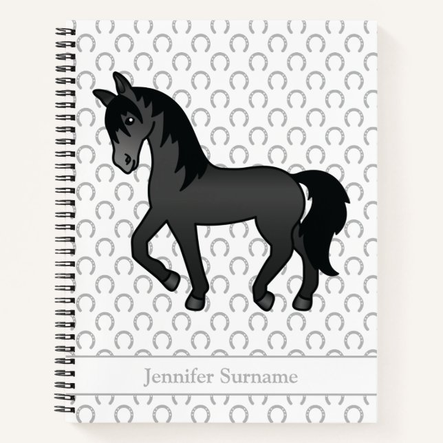 Black Cartoon Trotting Horse & Custom Text Notebook (Front)