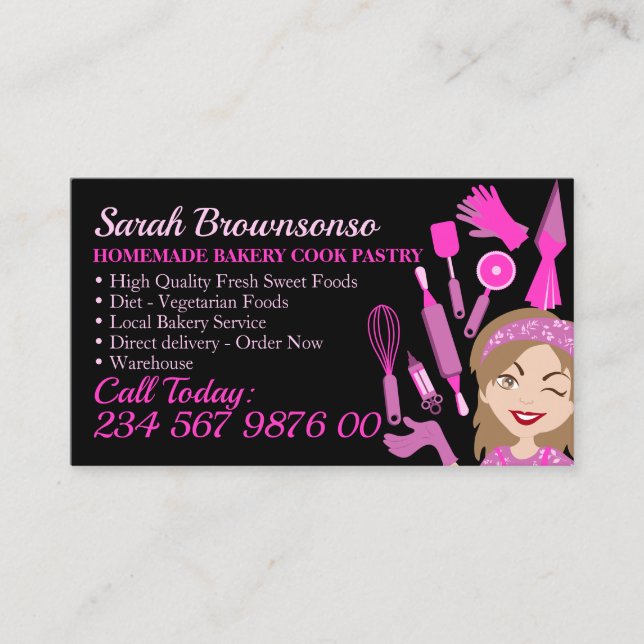 Black Cartoon Woman Bakery Cake Pastry Cook Chef Business Card (Front)