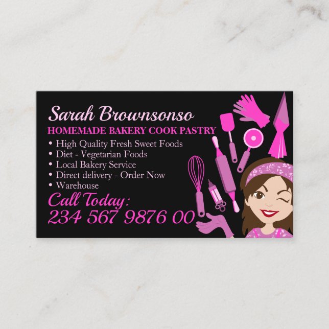 Black Cartoon Woman Bakery Cake Pastry Cooking Business Card (Front)