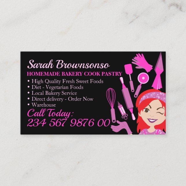 Black Cartoon Woman Grey Hair Bakery Cake Pastry Business Card (Front)