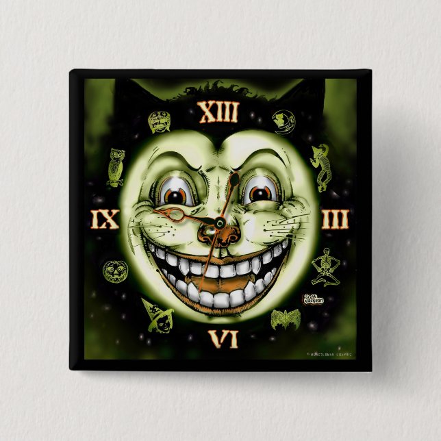 Black Cat 13 Clock Halloween 15 Cm Square Badge (Front)