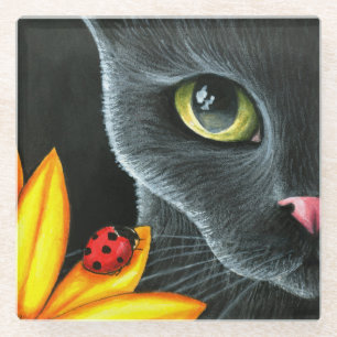 Black Cat 510 ladybug yellow flower Glass Coaster