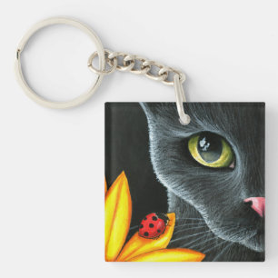 Black Cat 510 ladybug yellow flower Key Ring