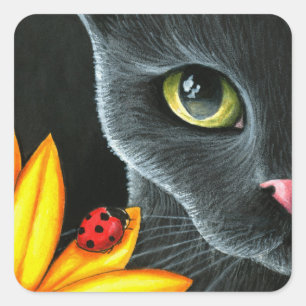 Black Cat 510 ladybug yellow flower Square Sticker
