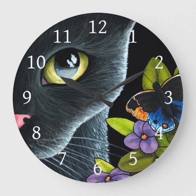 Black Cat 557 Blue butterfly Flowers Large Clock (Front)